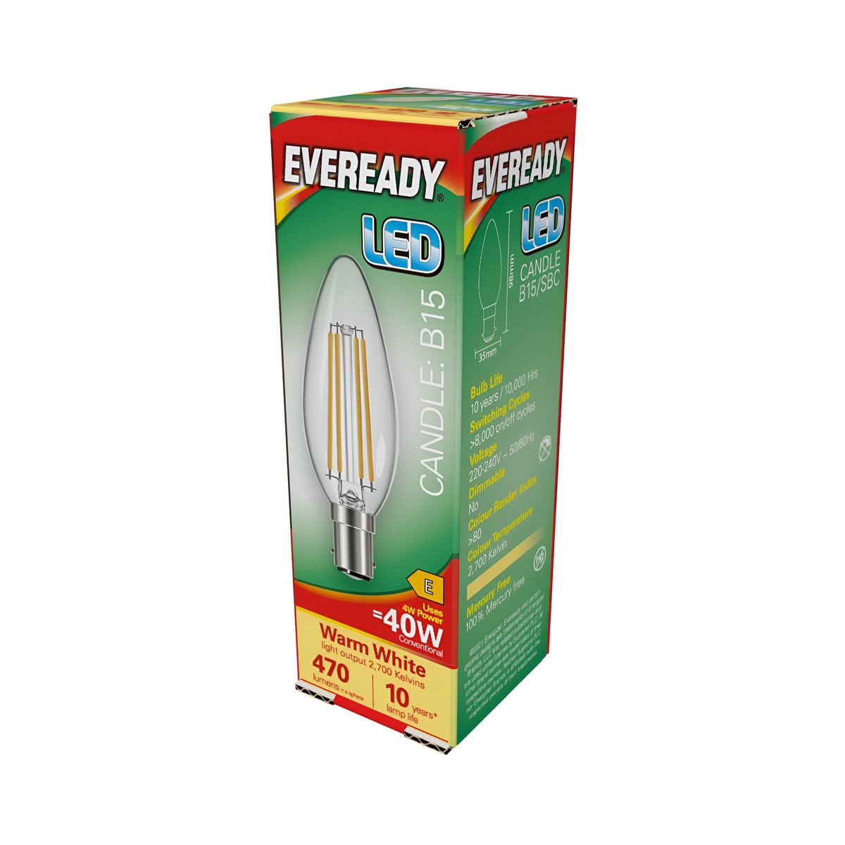 Eveready 4W LED Candle Filament Bulb B15 - Warm White 2700K Non-Dimmable