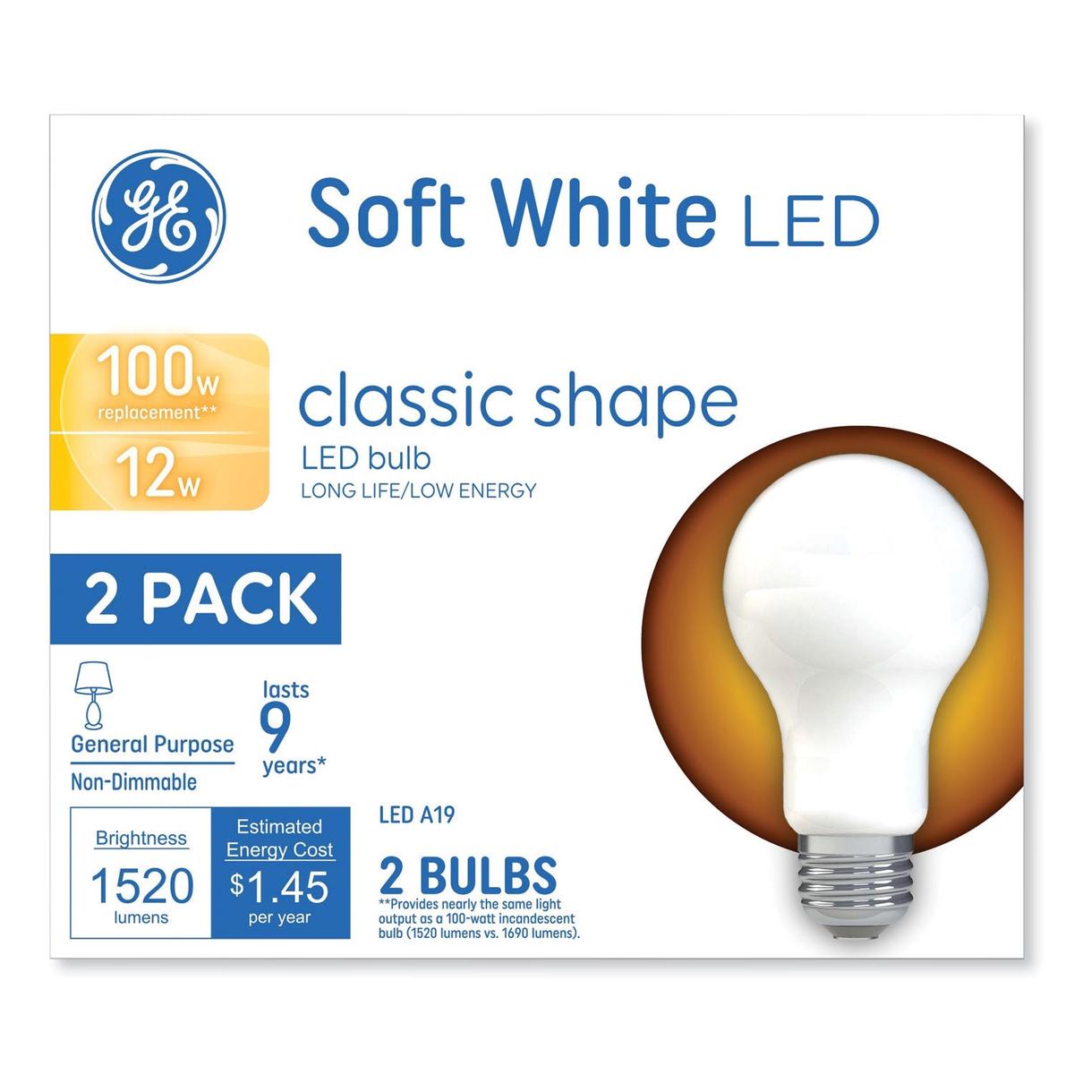 GE Classic Led Non-Dim A19 Light Bulb, 12 W, Soft White, 2/pack