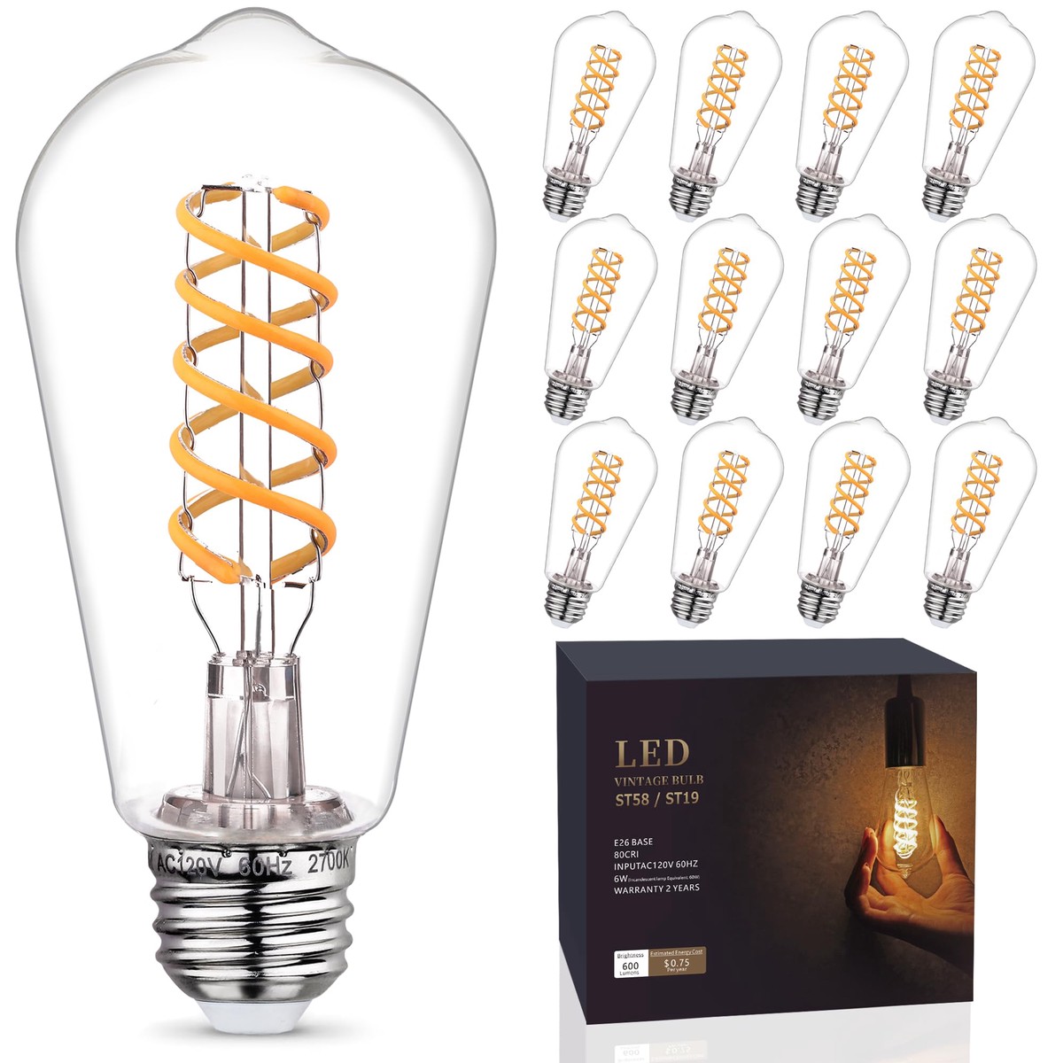 Emymlite Edison Light Bulbs 60W Equivalent, Dimmable Vintage Led Light Bulbs, E26 Medium Base, Warm White 2700K, St58, 6W, 600Lm