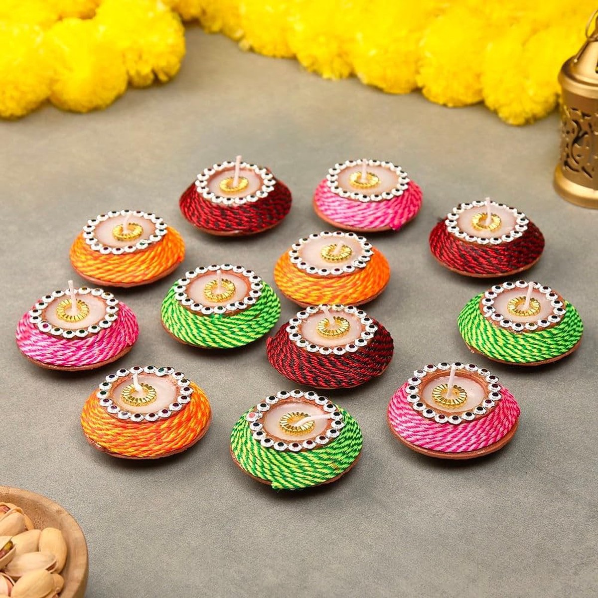 TIED RIBBONS Set of 12 Decorative Handmade Clay Wax Filled Matki Diyas Diya Deepak for Diwali Decoration Home Puja Pooja Room Of