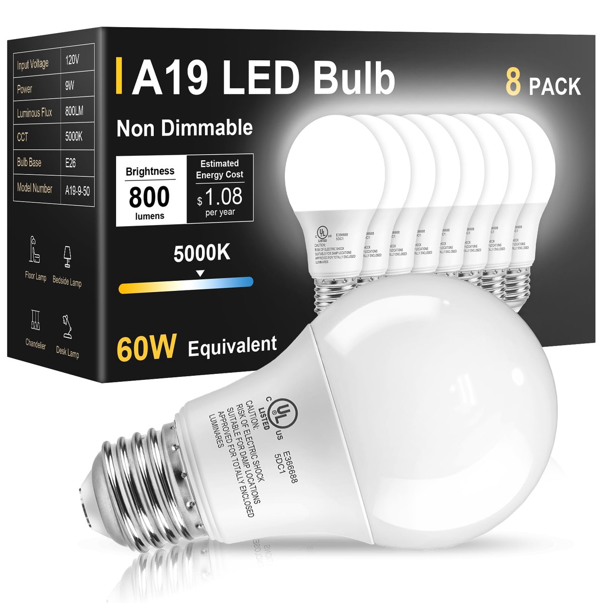TJOY 8 Pack LED Light Bulbs 60 Watt Equivalent Daylight White 5000K A19 Efficient 9W E26 Standard Base 800 LM Energy Saving Lightbulbs for Home Bedroom Living Room Office Non-Dimmable UL L
