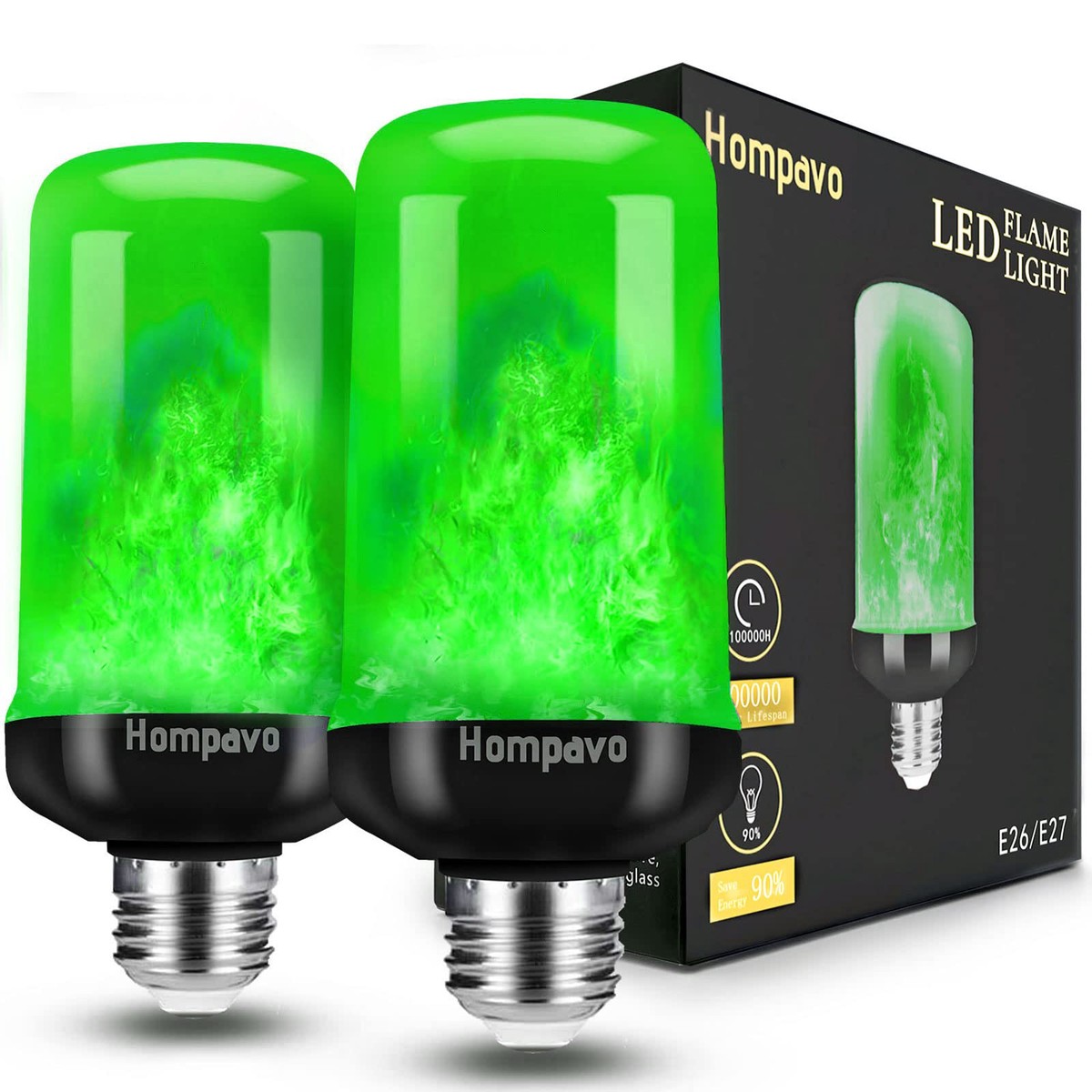 Hompavo LED Flame Light Bulbs, Green Flickering Effect, E26, 2 Count, Polycarbonate, Model HP-FLB-04